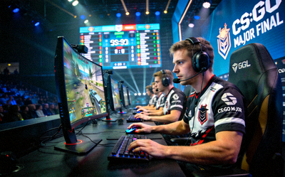 CS:GO Major锦标赛决赛现场，选手全神贯注操作设备