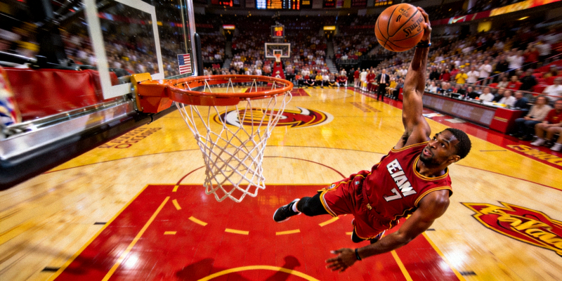 NBA总决赛第七场决胜时刻，球员飞身扣篮